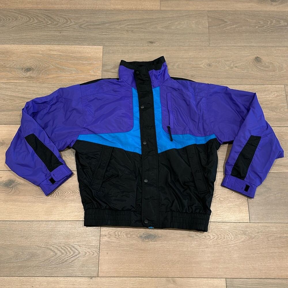 SPORTS AFIELD 90's Black Purple Blue Nylon Shell Zip-Up Jacket Size Medium